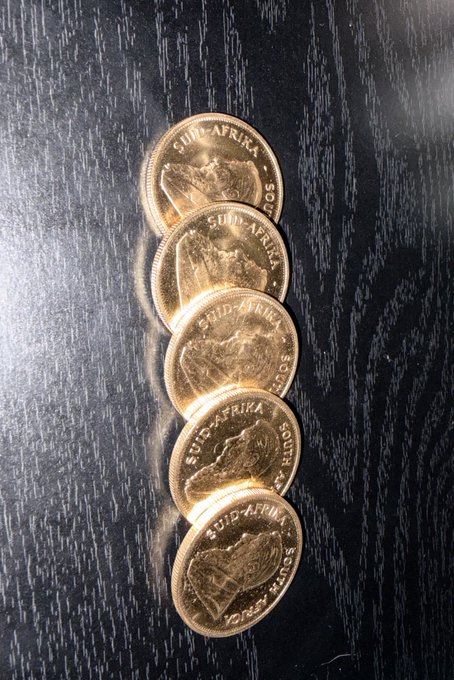 Five gold South African Krugerrand coins (1 oz each) arranged in a row on a dark wooden surface, with 'SUID-AFRIKA' and 'SOUTH AFRICA' inscriptions visible along with the springbok design.