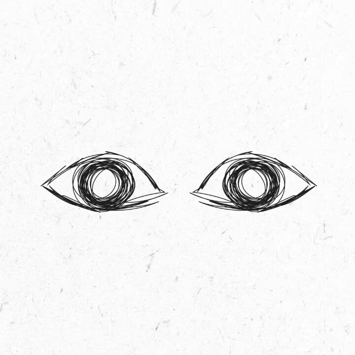 The image features two black and white eyes drawn with a sketchy style, giving them an artistic touch. The eyes are positioned side by side, creating a sense of connection or shared perspective between the viewer and the artist's vision. The background is a plain white paper, which further emphasizes the focus on the eyes and their design. The image also includes text that reads "Hi, I'm Reyhan I'm a visual artist who loves turning thoughts, feelings, and questions into moving drawings Just a girl sharing the way she sees the world, one piece at a time Thank you for stopping by and being part of the journey objktcom/users/tz1Y8NjU". This text complements the artistic style of the eyes and adds context to the image.