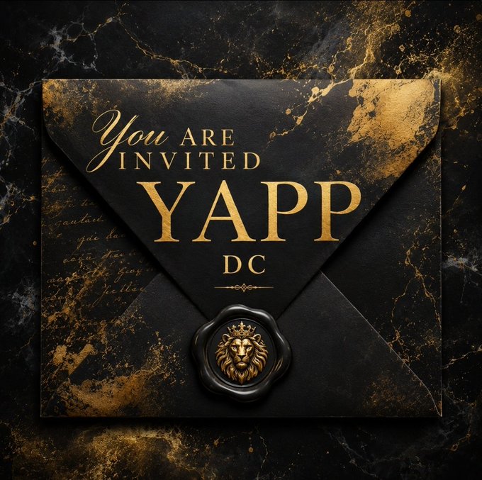 An ornate black envelope with gold marbling and a wax seal featuring a lion's head, with the text 'You are invited YAPP DC' in elegant gold lettering.
