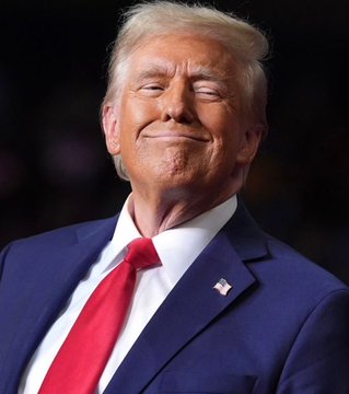 This image shows a smiling Donald Trump in a blue suit and red tie, appearing confident and optimistic, which aligns with his stated belief that "THE MARKET IS GOING TO GO THROUGH THE ROOF."