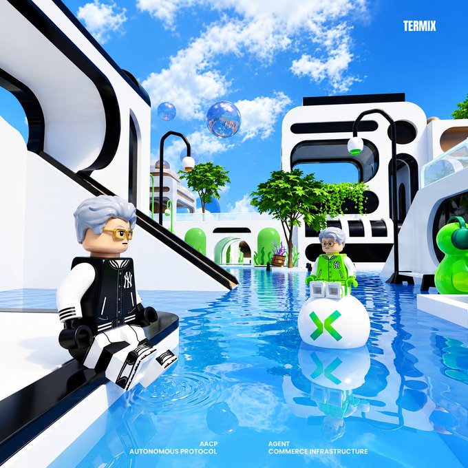 A 3D-rendered promotional image for TERMIX showing Lego-style figures in a futuristic pool setting, with text reading 'AACP AUTONOMOUS PROTOCOL' and 'AGENT COMMERCE INFRASTRUCTURE' at the bottom.