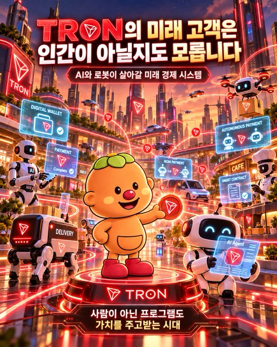 A vibrant futuristic TRON promotional poster featuring a cute cartoon character holding a TRX token amid robots, drones, and neon city elements, with Korean text highlighting AI and robotics living on the TRON network and a tagline about humans too.