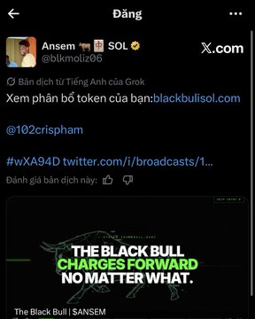 Twitter/X screenshot of a Vietnamese post by user @blkmotiz05 (Ansem), sharing a 'The Black Bull Charges Forward' token broadcast for $SOL.