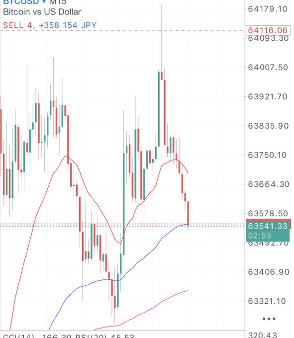 The image shows a BTC/USD candlestick chart on the M15 timeframe, displaying a current sell position of 4 lots with a +358,154 JPY profit, while Bitcoin's price has dropped to around 63,541.33. The chart illustrates the trader's frustration—as price fell after reducing position size, it reinforces their decision to hold and wait for a rebound before adding to the position again.