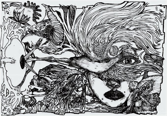 A detailed black-and-white pen illustration depicting surreal, flowing imagery including birds, faces, an eye, a flower, and various organic forms interwoven together.
