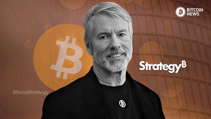 A grayscale portrait of MicroStrategy (now "Strategy") founder Michael Saylor is featured prominently against an orange background displaying the Bitcoin logo, the word "Strategy" with its stylized "B" ticker, and the Bitcoin News logo, visually tying the post's commentary on Strategy/MSTR stock's surge in trading volume to its pioneering role as a corporate Bitcoin holder.