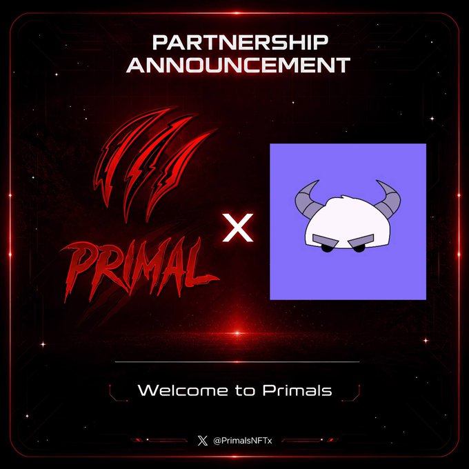 A partnership announcement graphic featuring the red 'PRIMAL' claw-mark logo and 'Welcome to Primals' text alongside a horned skull mascot on a purple background, with the handle @PrimalsNFTx.