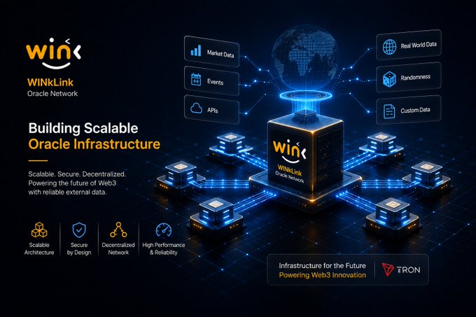 A promotional graphic for WINkLink Oracle Network titled 'Building Scalable Oracle Infrastructure,' featuring a digital globe and servers connected to labels like 'Market Data,' 'Events,' 'APIs,' 'Real World Data,' 'Randomness,' and 'Custom Data,' with a TRON logo at the bottom right.
