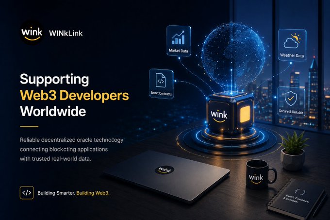 WINkLink promotional graphic titled 'Supporting Web3 Developers Worldwide,' highlighting decentralized oracle technology with features like Market Data, Smart Contracts, Weather Data, and Secure & Reliable.