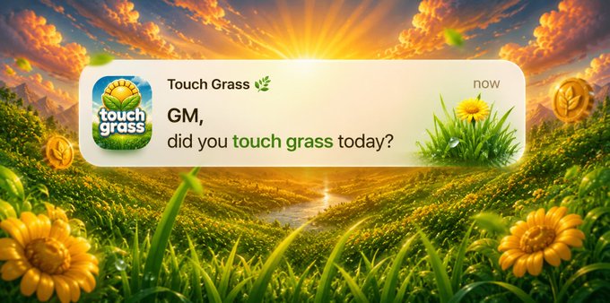 The image features a poster for Touch Grass, which has a vibrant yellow background with green grass and flowers. The text on the poster reads "gm another week to build. another week to grow. another week to lock in your proof of grass streak." This message is related to the post because it encourages users to continue using Touch Grass as they progress through their gardening journey, ensuring that their grass remains healthy and well-maintained.