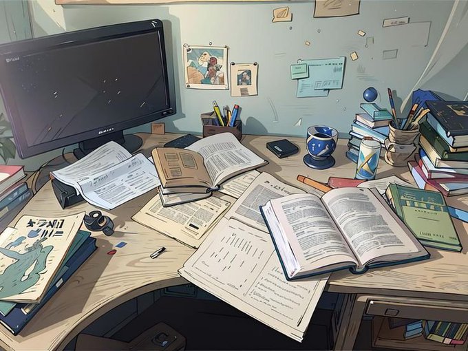 An anime-style illustration of a cluttered study desk covered with open books, papers, a computer monitor, stationery, and pinned photos on the wall.