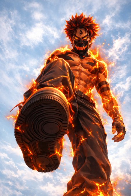 A digital artwork of an anime-style character with glowing orange spiky hair and a third eye on the forehead, surrounded by flames and wearing dark clothing with a sneaker-clad foot raised toward the viewer.