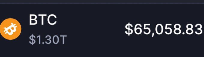 A digital display showing Bitcoin (BTC) statistics with a market cap of $1.30T and a price of $65,058.83.