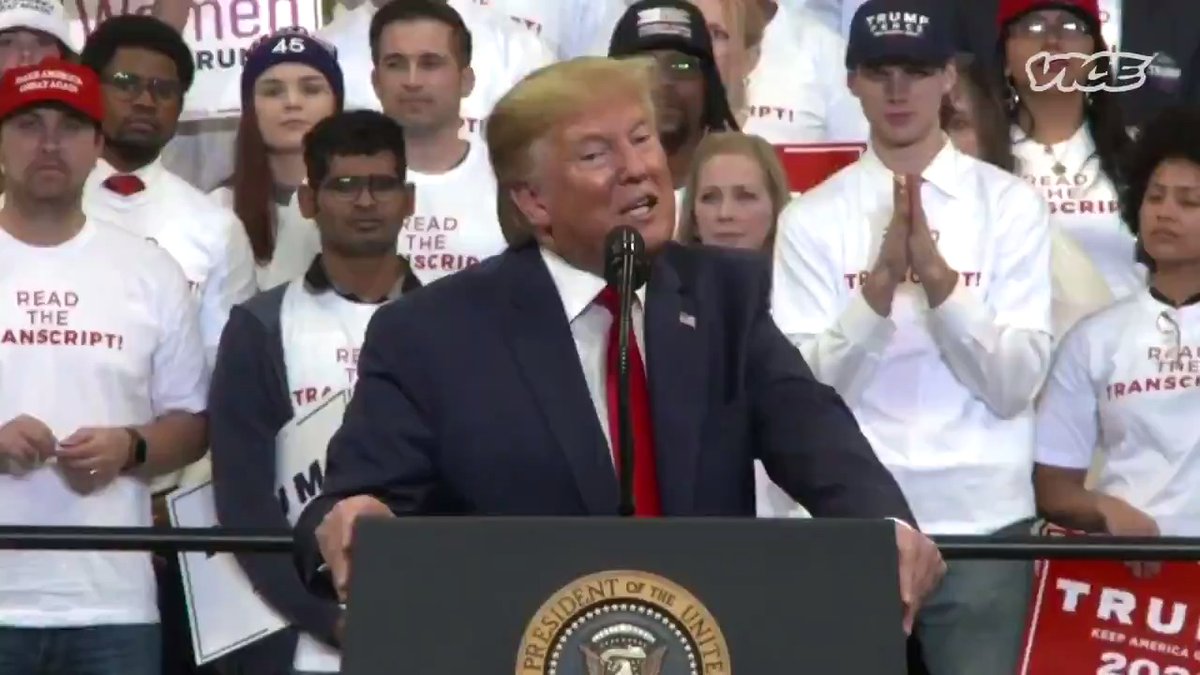 Donald Trump stands at a podium bearing the "President of the United States" seal, surrounded by supporters wearing "Read the Transcript!" shirts and "Trump 2020" hats, with a Vice logo in the corner—poking fun at the post's "higher" reference by suggesting the 40 billion volume milestone, like Trump's rhetoric, will keep going up.
