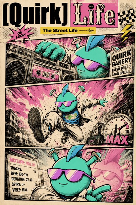 A colorful comic-style illustration titled 'Quirk Life: The Street Life' features a teal character with antennae holding a boombox and a 'QUIRK BAKERY' sign.