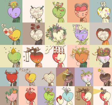 A grid of twenty small character illustrations displays various cute creatures with heart-shaped or vegetable-themed heads on pastel colored backgrounds.