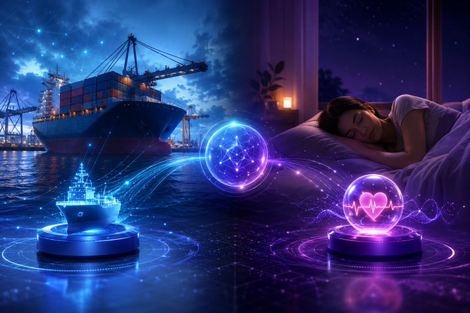 A split-screen digital artwork showing a glowing blue holographic cargo ship at a port on the left and a woman sleeping peacefully with a glowing pink heart hologram on the right.