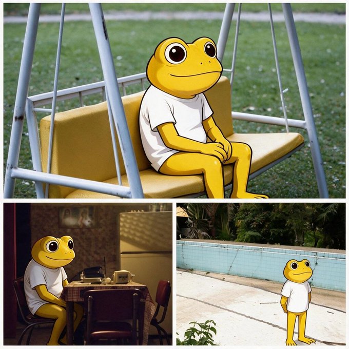 A collage of three images showing a cartoon yellow frog character with big eyes wearing a white t-shirt, sitting on a yellow swing bench, sitting at a kitchen table, and standing by a pool.