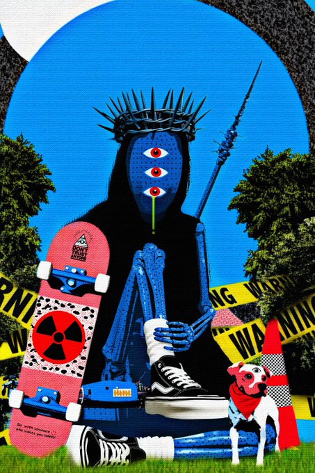 A collage-style artwork featuring a blue skeletal figure with a spiked crown and three eyes, holding a skateboard and spear, with warning tape and a small dog.