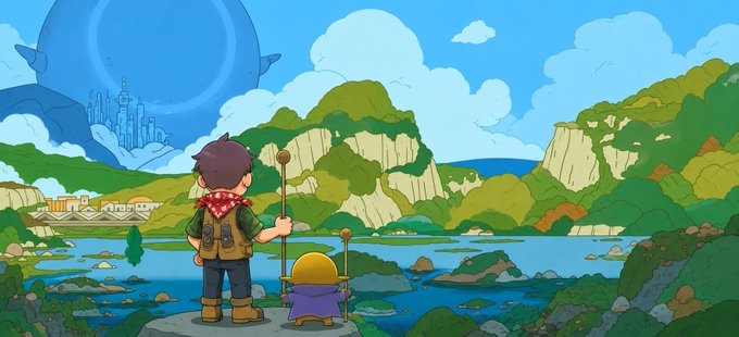 An anime-style landscape illustration shows two characters standing on a cliff overlooking a lake and green mountains, with a large floating structure visible in the blue sky above.