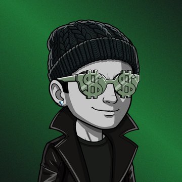 A stylized digital illustration of a person wearing a black knit beanie, distinctive green money-sign ($) shaped sunglasses, a black leather jacket, and an earring, set against a green background.