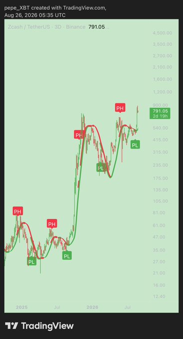 A TradingView chart of pepe_XBT (Zcash/TetherUS) on Binance showing a 3D timeframe with Pivot High (PH) and Pivot Low (PL) indicators, current price at 791.05 with a 19h change noted.