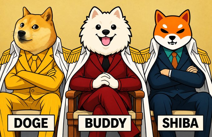 An illustration of three cartoon dogs in suits labeled DOGE (Doge), BUDDY (white Samoyed), and SHIBA (Shiba Inu).
