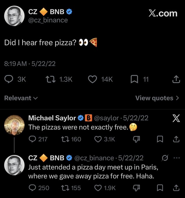 This image shows a Twitter exchange where @cz_binance jokes about "free pizza," which is then clarified by @saylor as not being exactly free, and CZ further explains it was a "pizza day meet up in Paris" where pizza was given away. The accompanying post references "free bitcoin" and the text "0x8554d38b95e4f7ca11d391008627df30b2b07777" which appears to be a Bitcoin or Ethereum wallet address, suggesting a play on the idea of free crypto.