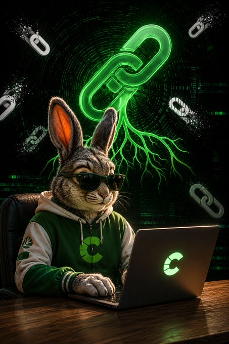 A stylized digital image of a rabbit wearing sunglasses and a green hoodie working on a laptop, with glowing green chain links and circuit-like roots in the background.