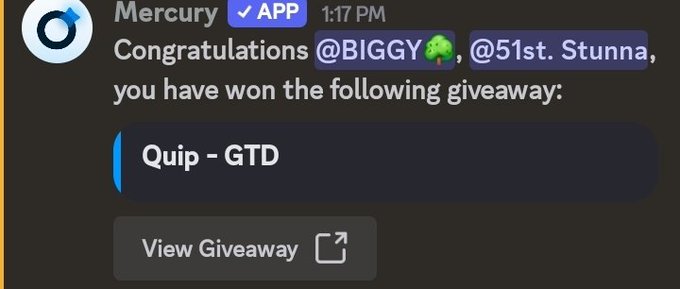 The image features a message from someone named @quipnetwork, who was awarded a "Giggy" through a contest or giveaway. The email is posted on a social media platform with an app that congratulates them on their success. It includes a link that takes the recipient to the app's page, which further explains what they have won and provides more details about the prize.