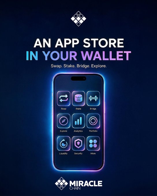 A promotional graphic for 'MIRACLE CHAIN' titled 'AN APP STORE IN YOUR WALLET,' featuring a glowing smartphone displaying icons for Swap, Stake, Bridge, Explore, Analytics, Portfolio, Liquidity, Security, and More.