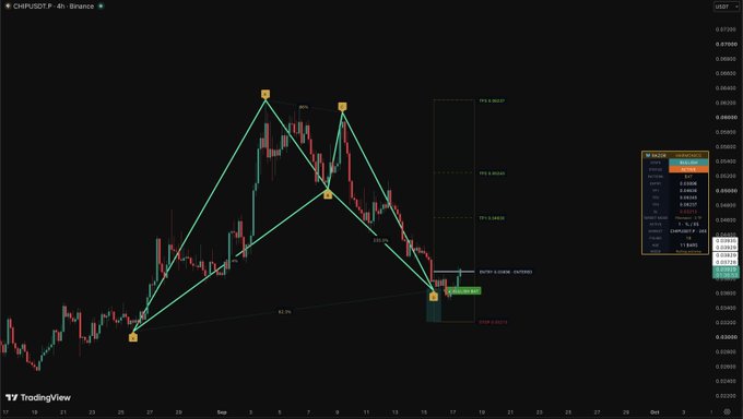 The image displays a 4-hour candlestick chart for CHIP/USDT on Binance, featuring a Gartley harmonic pattern (labeled "BEARISH") with key Fibonacci levels (0.618, 0.382, 0.886) and a "STOP @ D0.21" indicator near the current price zone around 0.04500.