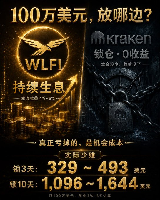 A Chinese-language comparison ad titled "100万美元，放哪边？" (Where to put $1M?) contrasting WLFI's "持续生息" (4%-6% yields, $329–$1,644 interest over 3-10 days) against Kraken's "锁仓·0收益" (locked funds, zero returns), visualizing the opportunity cost of leaving money idle on Kraken—the same platform where the poster's friend lost out after chasing a $SPCX-style trade.