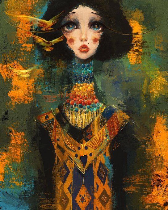 A stylized painting of a girl with dark hair and large blue eyes, wearing an ornate gold and blue patterned garment with colorful beaded details, set against an orange and teal abstract background with small bird figures.