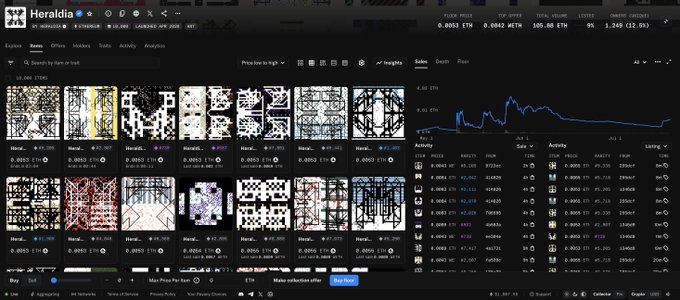 Screenshot of the Heraldio NFT marketplace on Cardano showing a collection of grid-pattern artworks with prices listed in ETH, including a sales chart and activity table.