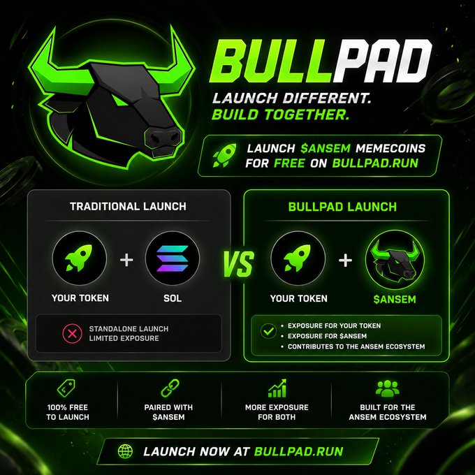 A promotional graphic for 'BULLPAD' featuring a green and black bull logo, comparing 'TRADITIONAL LAUNCH' versus 'BULLPAD LAUNCH' using rocket and SOL/SANSEM tokens, with the tagline 'LAUNCH DIFFERENT. BUILD TOGETHER.'