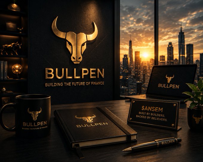 A dark, luxurious product display for 'BULLPEN' with the tagline 'BUILDING THE FUTURE OF FINANCE', featuring a golden bull logo, branded notebook, mug, pen, and nameplate reading '$ANSEM BUILT BY BUILDERS, BACKED BY BELIEVERS', with a sunset cityscape in the background.