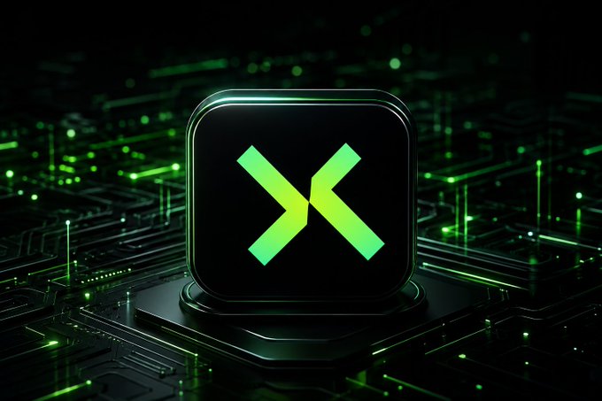 A digital illustration of a black app icon featuring a stylized green 'X' symbol, glowing on a dark circuit board background with green lighting.