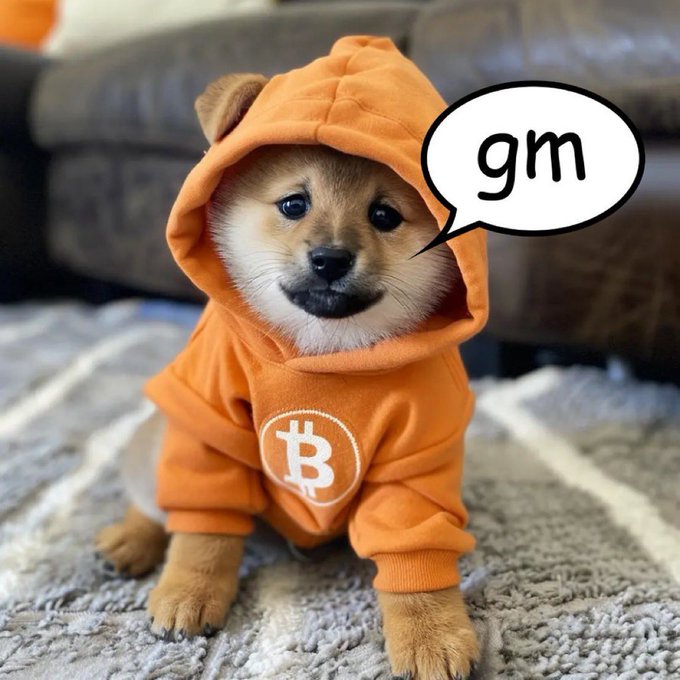 A Shiba Inu puppy in an orange Bitcoin hoodie sits on a striped rug with a speech bubble displaying 'gm'.