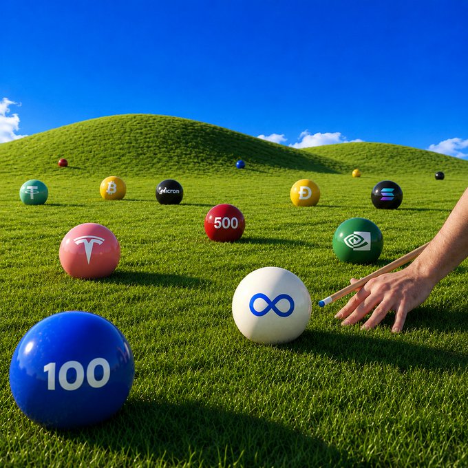 A hand uses a cue stick to hit a white Meta-branded ball toward a blue ball marked "100" on a grassy field, with various other tech and crypto company branded balls scattered in the distance.