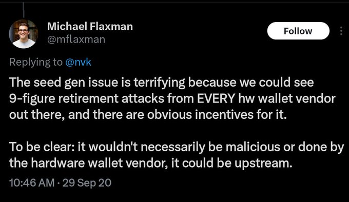 A tweet from Michael Flaxman (@mflaxman) warning about a "terrifying" seed generation vulnerability that could enable 9-figure retirement attacks from any hardware wallet vendor, noting the compromise could originate upstream rather than from the wallet vendor itself. The image relates to the post as it highlights the security concerns affecting hardware wallets like Coldcard and Ledger that Stephan Livera reportedly helps users address.