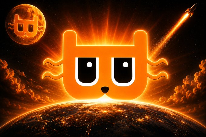 An orange, cartoon-style cat face logo with glowing rays, set against a cosmic background featuring a planet, Earth, and a launching rocket.