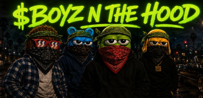 A stylized parody image titled '$BOYZ N THE HOOD' featuring four characters with cartoonish masks and bandanas in a green neon graffiti font.