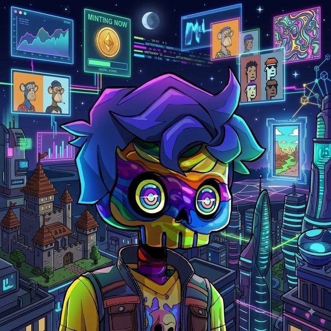 Vibrant digital artwork of a colorful, stylized character with large purple hair and goggles standing in a futuristic cyberpunk cityscape with floating NFT and crypto-related displays.