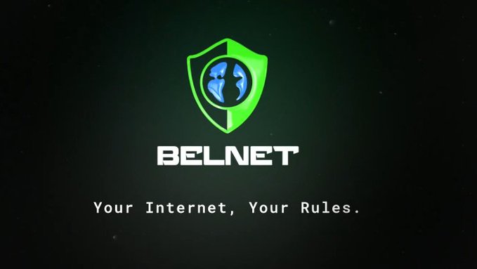 A logo design features a green shield containing a globe graphic with the text 'BELNET' and tagline 'Your Internet, Your Rules.' displayed on a dark background.