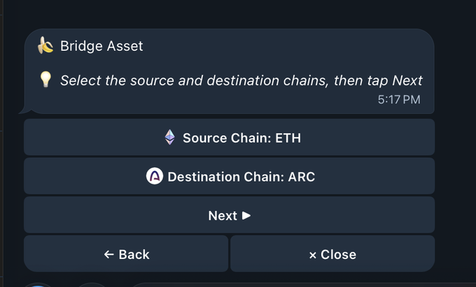 A Telegram message from Banana Gun bot shows a "Bridge Asset" prompt with ETH selected as the source chain and ARC as the destination chain, matching the user's post about quickly bridging from ETH to Arc mainnet to hunt new launches.