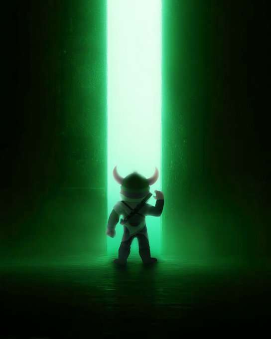 A silhouetted figure wearing a horned helmet stands before a glowing green doorway, arm raised in a confident pose. The dramatic lighting and stance convey a sense of bold readiness, fitting the "Always ready" message as a powerful symbol of preparedness and resolve.