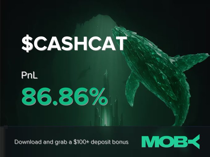 A promotional graphic for Moby featuring a large green whale image alongside text announcing "$CASHCAT" with a PnL of "86.86%", and a call to action at the bottom offering a "$100+ deposit bonus" for downloading the app—visually reinforcing the post's win alert about a trader profiting on the CASHCAT token.