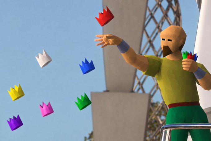A 3D-rendered low-poly character with a brown beard and green shirt throwing colorful crown-shaped confetti against a backdrop of a tower and sky.