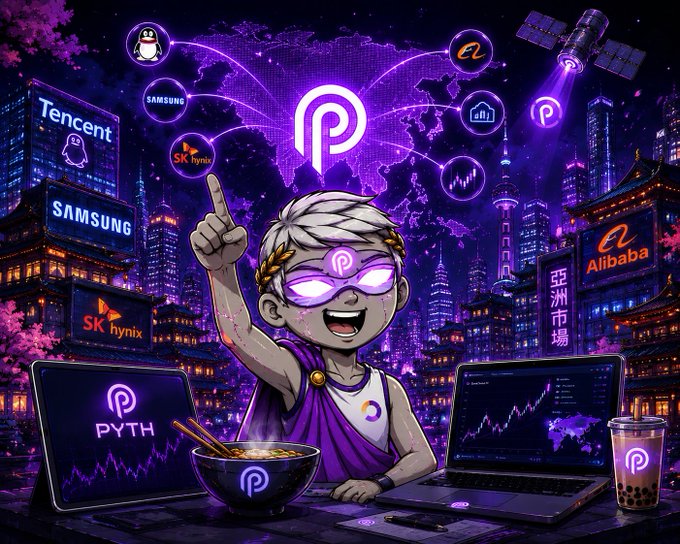 The vibrant illustration features a triumphant cartoon figure in a purple mask pointing skyward, surrounded by logos of major Asian companies including Tencent, Samsung, SK Hynix, and Alibaba, along with "PYTH" branding, a bowl of noodles, laptops displaying financial charts, and a satellite beaming signals over a neon-lit Asian metropolis skyline—visually celebrating the launch of 100+ Asian equities on the Pyth Network's onchain real-world markets platform.